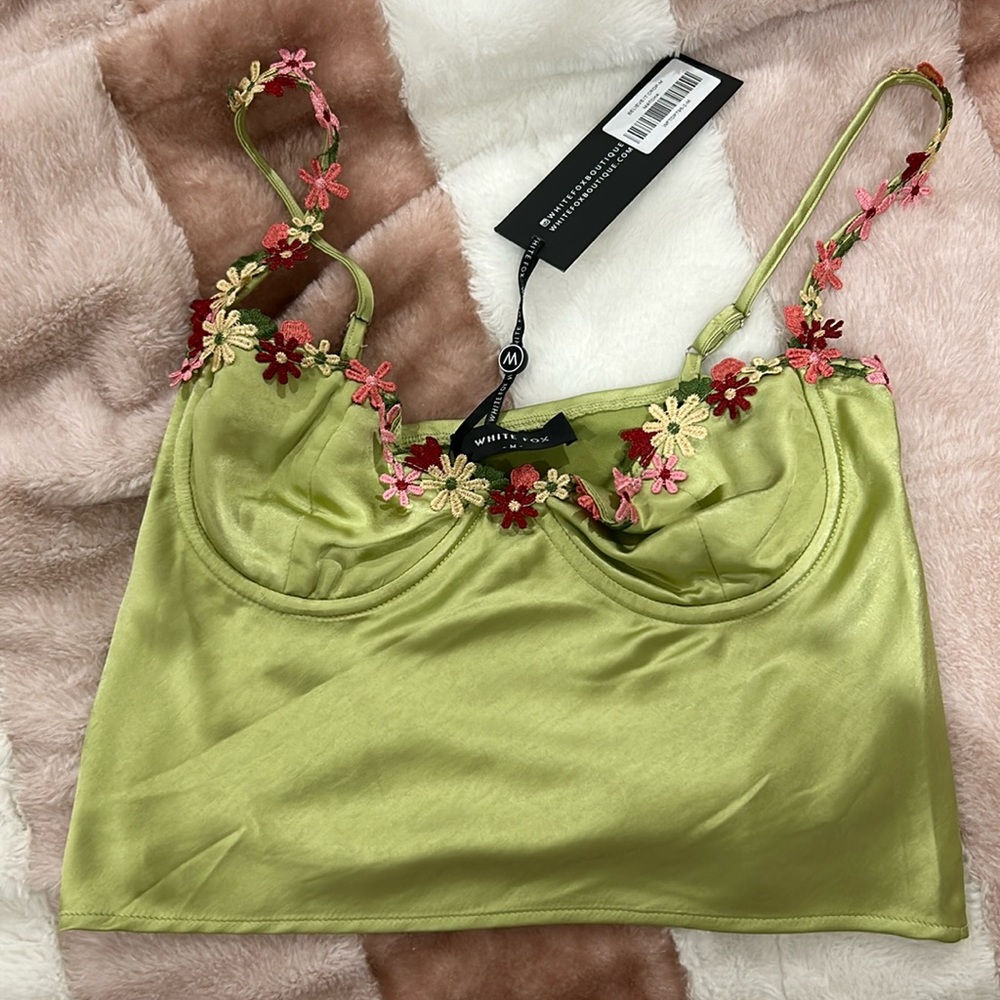 White Fox Boutique Olive Green Floral Appliqué Crop Top
